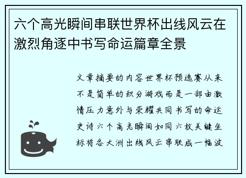 六个高光瞬间串联世界杯出线风云在激烈角逐中书写命运篇章全景 六个高光瞬间串联世界杯出线风云在激烈角逐中书写命运篇章全景