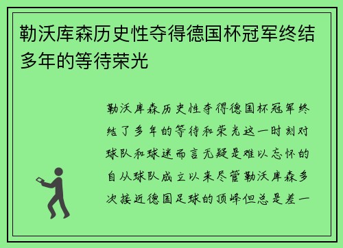 勒沃库森历史性夺得德国杯冠军终结多年的等待荣光
